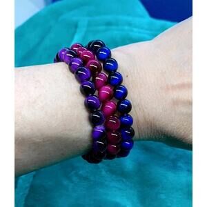 Boho Resin Faux Tiger Eye Beads In Deep Blue, Reddish & Purple Hues Stretchy...